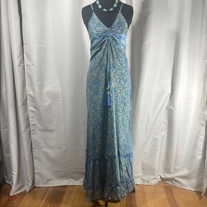 Blue Ruched Tiered Halter Maxi Dress blue with gold foil flex